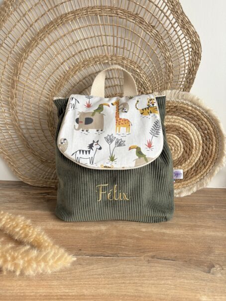Sac à dos Enfant Safari 🦒🌿 Personnalisé en Velours côtelé