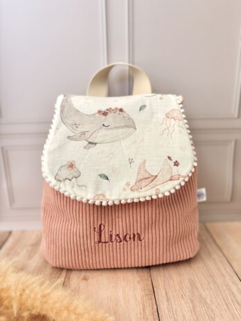 Sac à dos Enfant Sous l’Océan 🐋🌺 Personnalisé en Velours côtelé