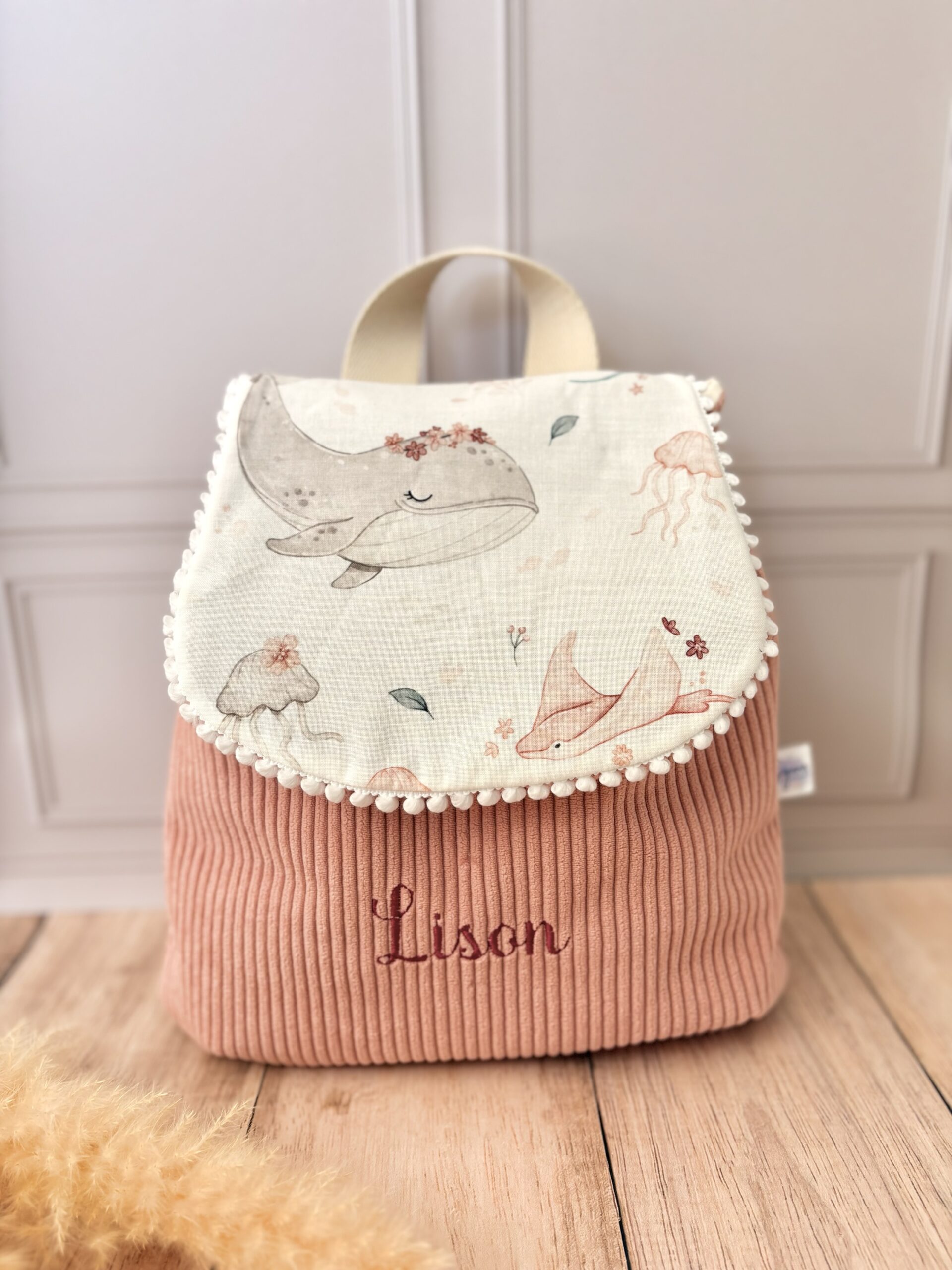 Sac à dos Enfant Sous l'Océan 🐋🌺 Personnalisé en Velours côtelé