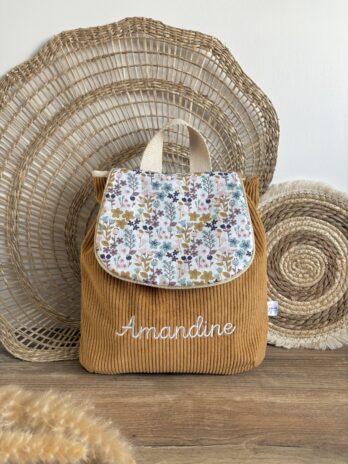 Sac à dos Enfant Petites fleurs 💐 Personnalisé en Velours côtelé