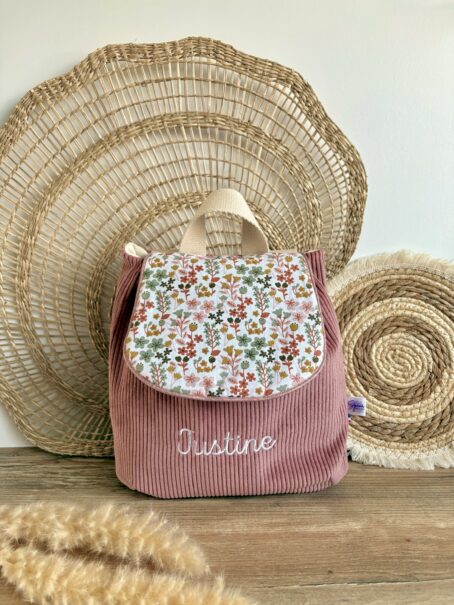 Sac à dos Enfant Petites fleurs 💐 Personnalisé en Velours côtelé – Image 3