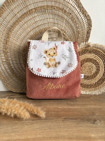 Sac à dos Enfant Lionceau à plume 🦁🪶 Personnalisé en Velours côtelé