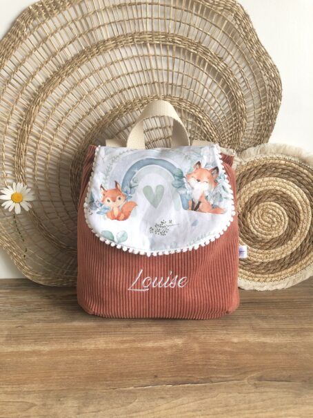 Sac à dos Enfant Petit renard 🦊🌈 Personnalisé en Velours côtelé