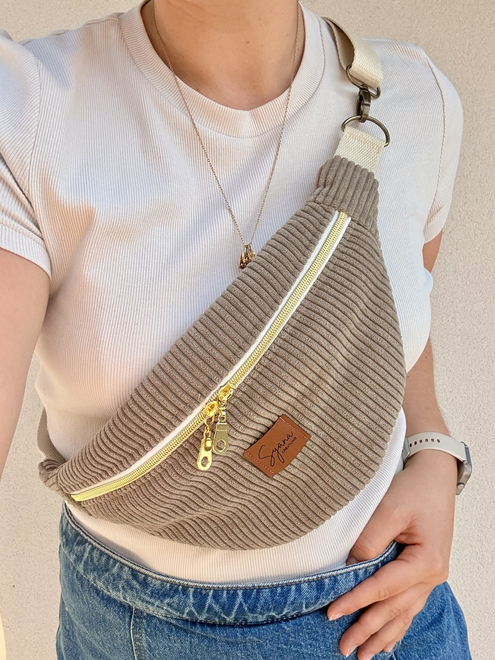 Sac Banane Velours Côtelé Taupe - Femme