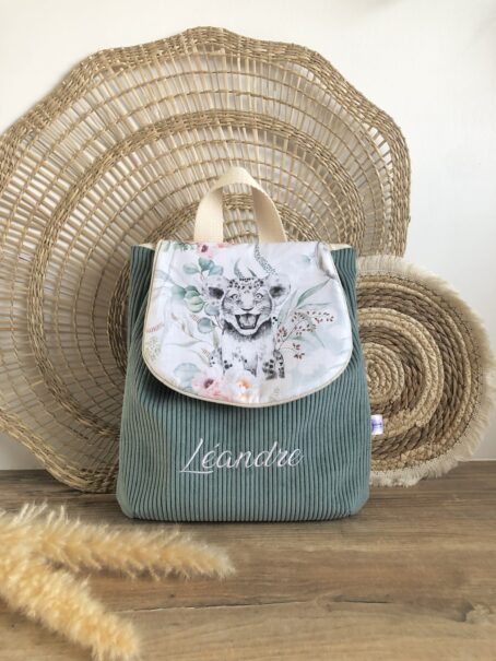 Sac à dos Enfant Savane Fleurie 🦁🌸Personnalisé en Velours côtelé – Image 3