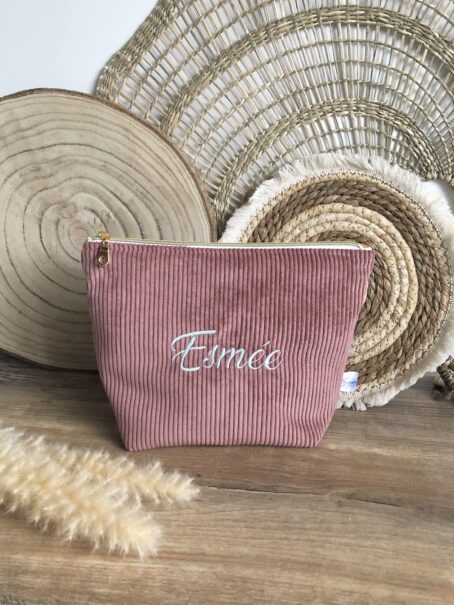Trousse Personnalisée en Velours Côtelé Vieux Rose