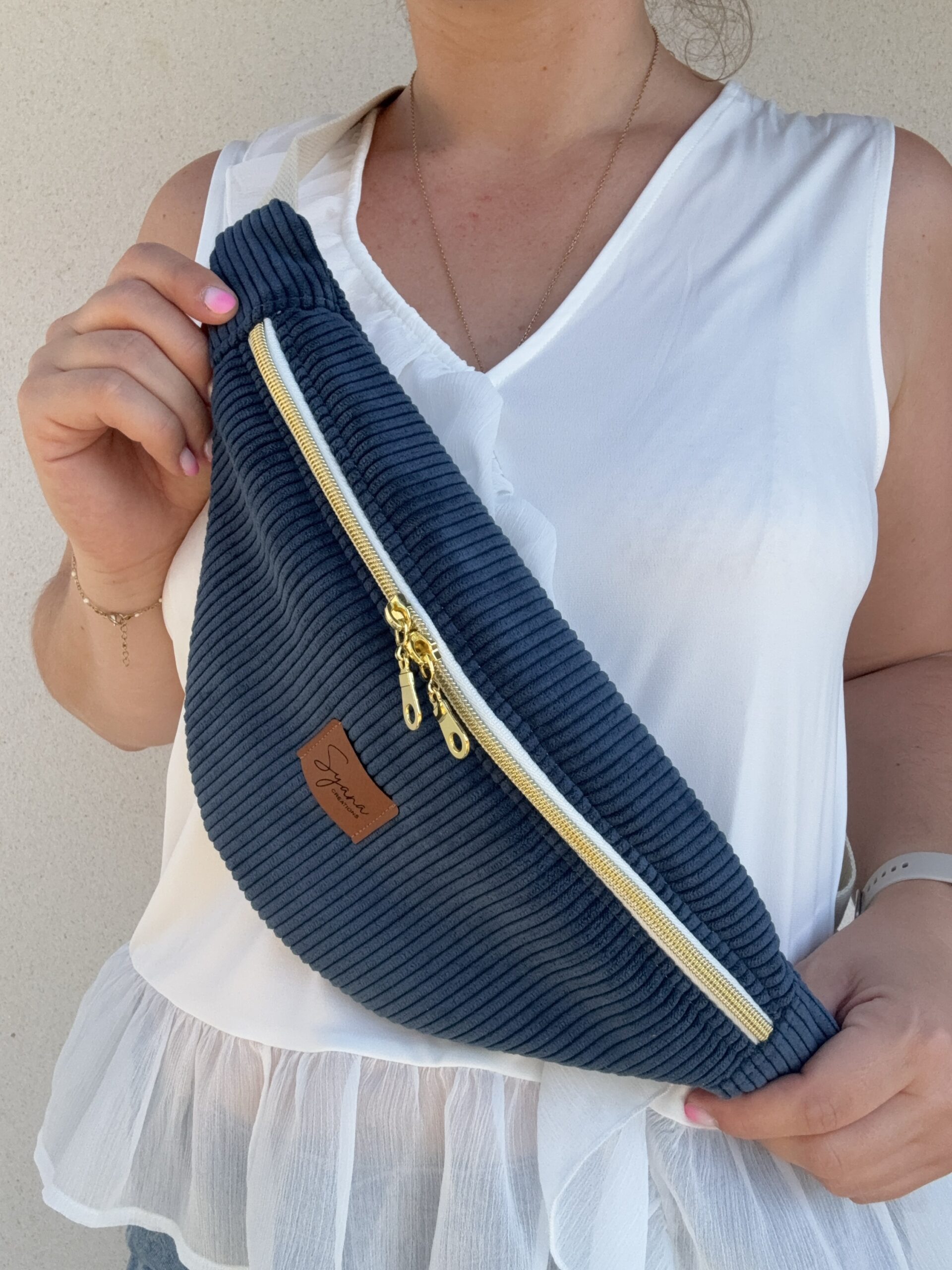 Sac Banane Velours Côtelé Bleu Marine - Femme – Image 4