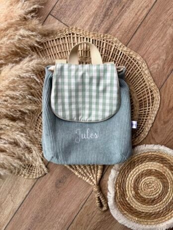 Sac à dos Enfant Vichy vert 🍀 Personnalisé en Velours côtelé